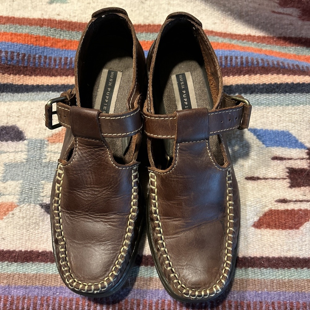 Hush Puppies T-Strap Loafers Womens 7.5 Brown Leather Whipstitch Comfort Shoes
